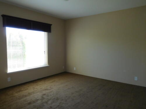 An empty room with brown carpet and a window.