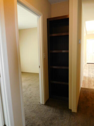 A hallway with a bookcase and a door.
