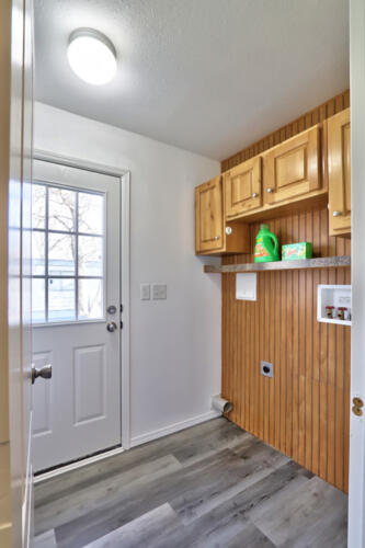 A laundry room with wood paneling and a door.
